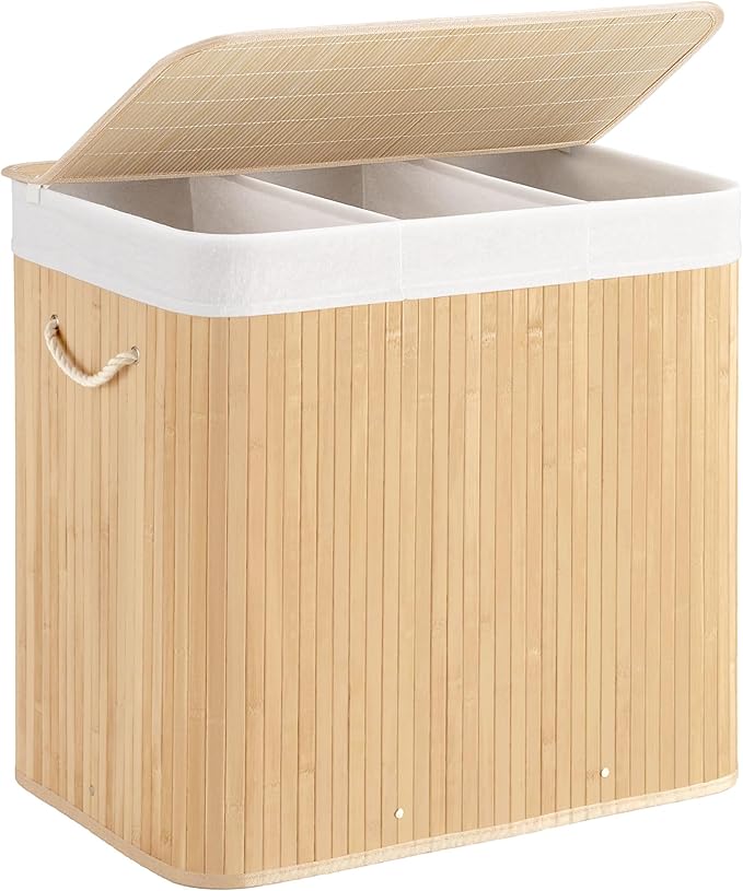 150L Laundry Hamper with lid, 3-Section Clothes Laundry Basket with Handles, Large Collapsible Bamboo Baskets for Bedroom, Bathroom, Dorm, Natural Beige