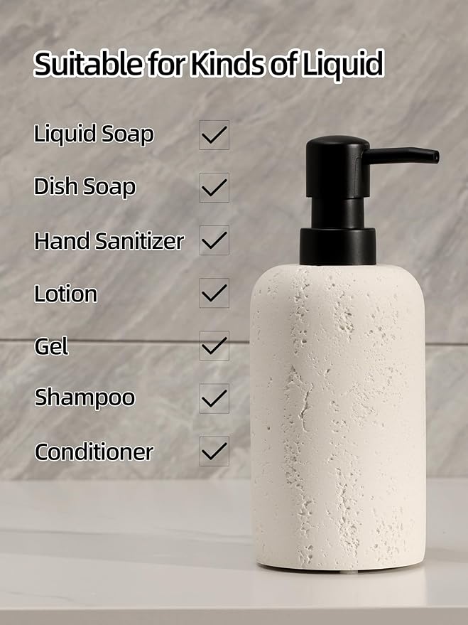 Soap Dispensers 400mL 13.5 OZ, 2 PCS Luxurious Hand Dish Lotion Shampoo Soap Dispenser Jar, Travertine Soap Bottles Rustproof Pump for Kitchen Bathroom Countertop