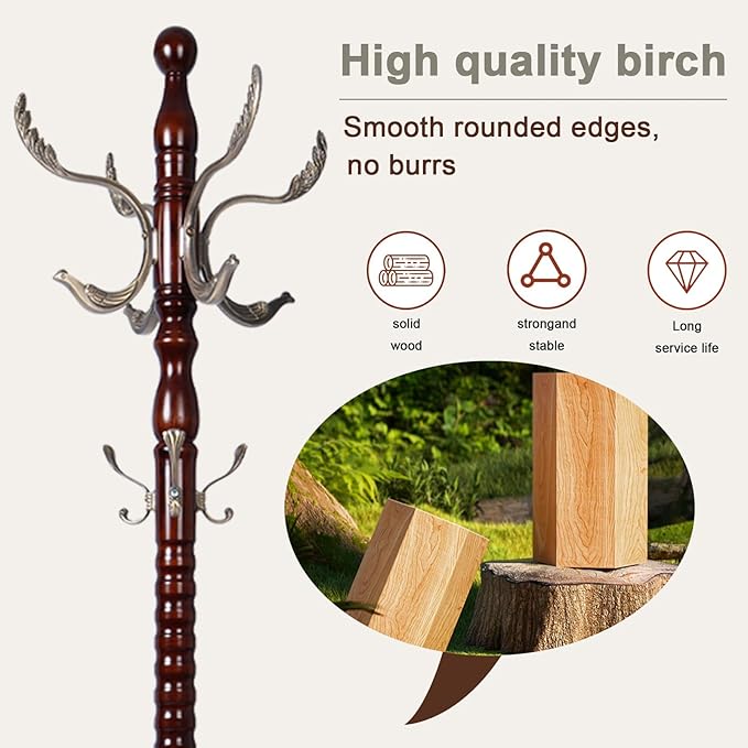 Wooden coat rack stand, Heavy duty coat racks tree freestanding with 14 Hooks and Sturdy Round Base, Coat tree for jacket, Hats, Bags, Purses, clothes (Round base-Metal Phoenix Groove)