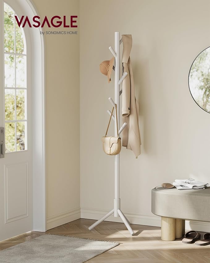 VASAGLE Solid Wood Coat Rack, Free Standing Tree-Shaped Coat Rack with 8 Hooks, 3 Height Options, for Clothes, Hats, Bags, Living Room, Bedroom, Home Office, Cappuccino Beige URCR004K01