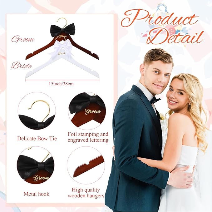 2 Pcs Bride Hanger for Wedding Dress Bride and Groom Wooden Wedding Dress Hanger Set with Bow Tie for Tuxedo Suit Gift Bridal Party Shower