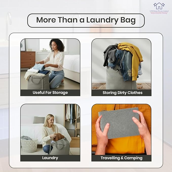LFH Home Cotton Canvas Large Laundry Bag with Handle, Heavy Duty Drawstring Closure Washable Laundry Bags, School Travel, Home, Hotel, College Dorm, Organizer Sack, Toys Clothes 28x36 (Pack of 2)-Grey