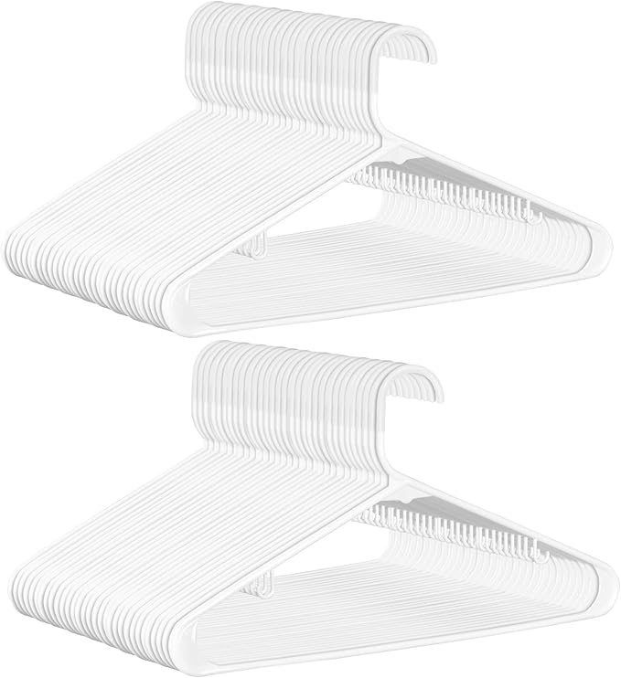 SUPER DEAL Plastic Hangers 100 Pack, Clothes Hangers with Double Hooks for Adults for Coats, Dresses, Shirts, Pants, Lightweight Yet Space Saving, White