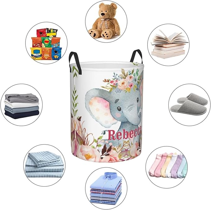 Watercolor Elephant Flower Personalized Laundry Hamper Custom with Name Collapsible Waterproof Storage Basket with Handles for Bedroom Clothes Toys.