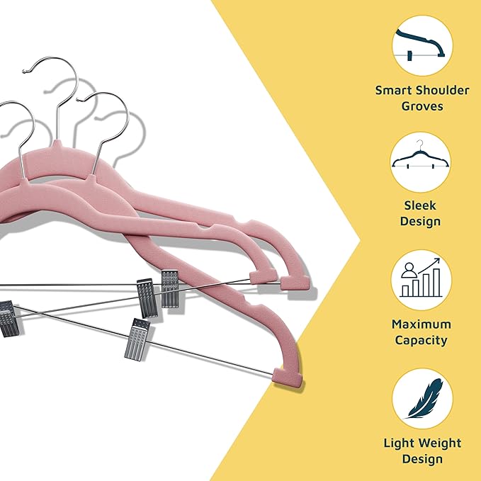 Lifemaster Velvet Pants Hangers – with Adjustable Clips, 360 Degree Swivel Hook, and Non-Slip Shoulder Notch, Holds Up to 10 lbs, for Organizing Skirt, Pants, Dress, and Clothes, Pack of 50, Pink