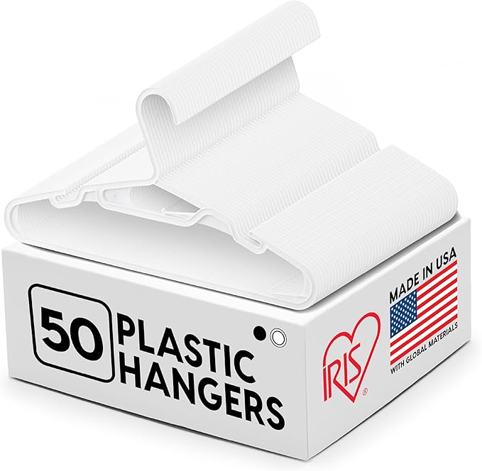 IRIS USA Lightweight Flexible Hangers 50 Pack, Made in USA, Plastic Clothes Hangers with Shoulder Grooves & Accessory Hooks, Dorm Apartment Essentials, Adult Hangers for Light Shirts Clothing, White