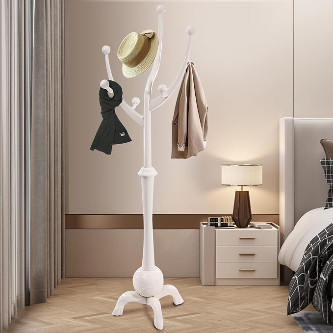 Coat Tree Freestanding Wood Tree Rack, Heavy Duty Creative Design Tree Branch-look Coat Rack Stand with 8 Hooks and Stable Sphere Base for Entryway, Hallway, Bedroom-Load 110lbs (White)