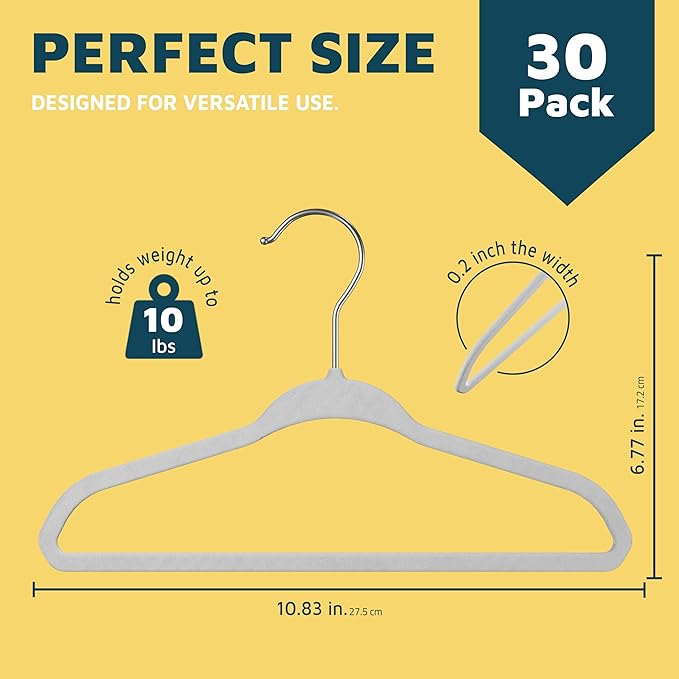 White Velvet Kids Hangers 30 Pack, 10.83" Non-Slip Baby & Toddler Hangers for Clothes, Space-Saving Slim ABS Plastic with 360° Swivel Hook & Notched Shoulders, Up to 10 lb Capacity