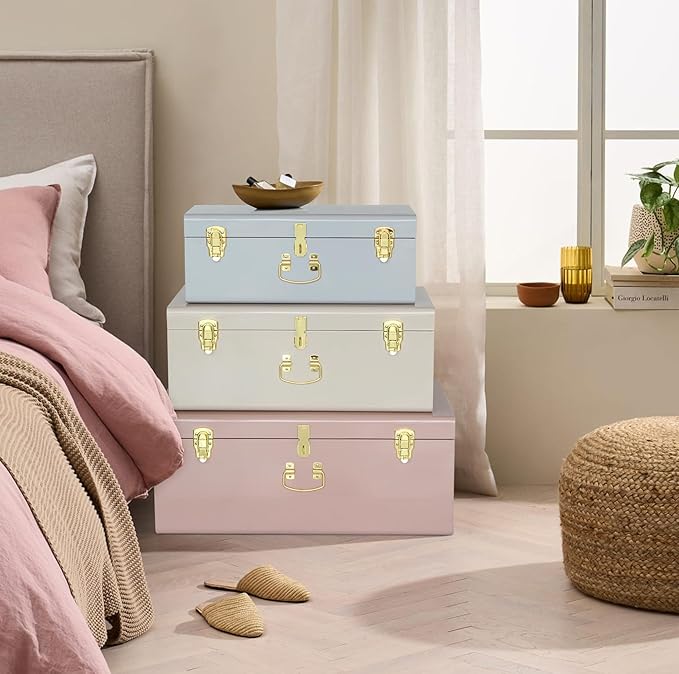 Vixdonos Decorative Box Set of 3 Metal Trunks Chest with Safety Lock Clasp for Treasure Organization and Home Dorm Decor,26.8x16.5x11Inches