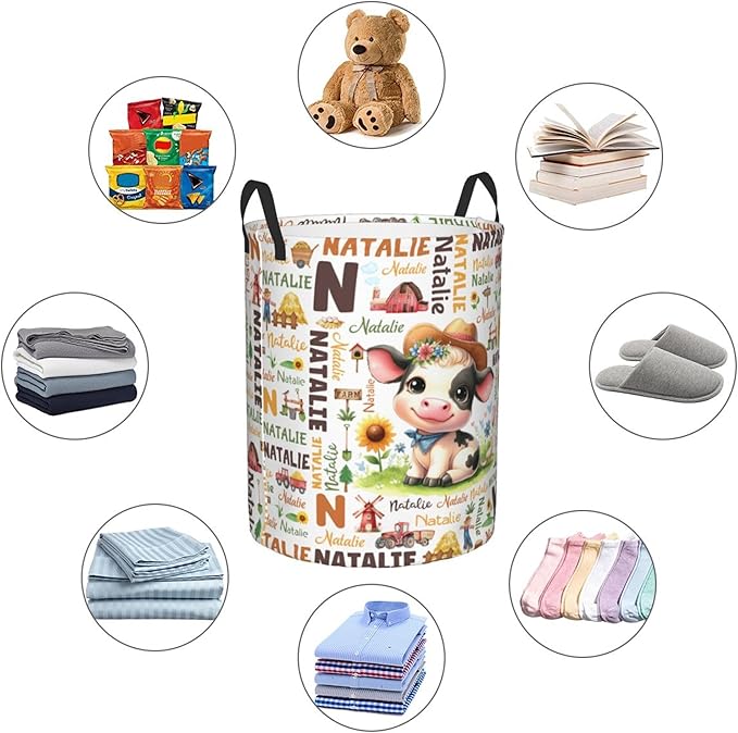 Personalized Farm Cow Laundry Basket For Baby Kids Boys Girls Adult Custom Hamper Basket With Name For Bathroom Bedrooms Collapsible Baby Laundry Basket, Dirty Clothes Hamper With Handles