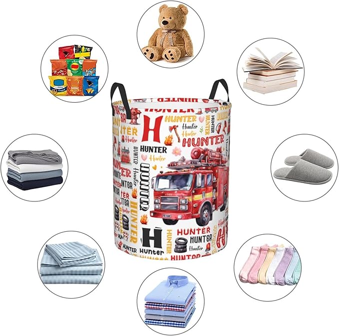 Personalized Fire Truck Laundry Basket For Baby Kids Boys Girls Adult Custom Hamper Basket With Name For Bathroom Bedrooms Collapsible Baby Laundry Basket, Dirty Clothes Hamper With Handles