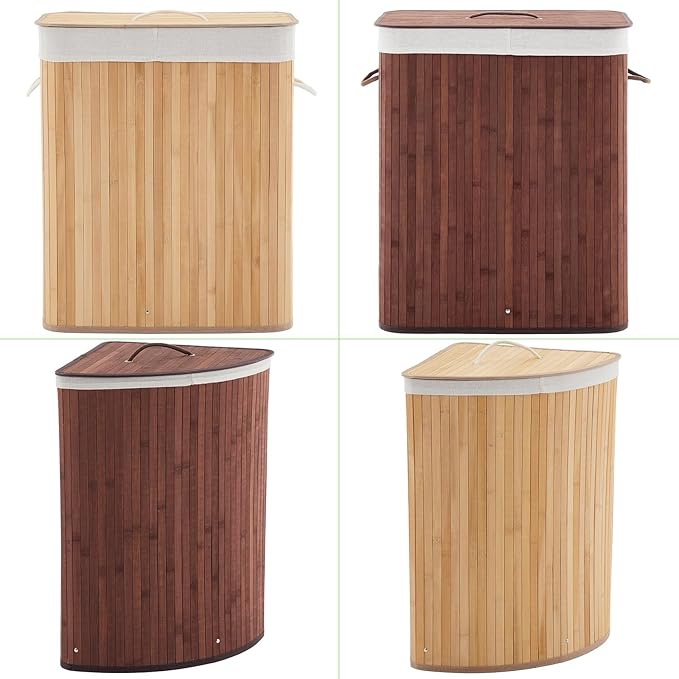 Bamboo Laundry Hamper Large 58L with Removable 2-Section Liner, Foldable Storage Basket with Lid and Handles for Bedroom, Laundry Room, Small Spaces – Brown - Triangle
