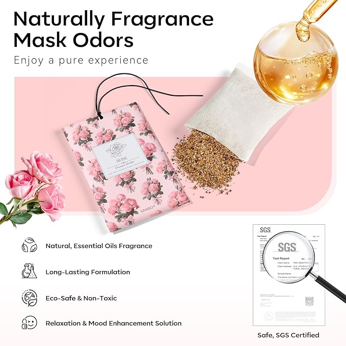MYARO 20 Pack Rose Scented Sachets for Drawer, Closet & Car - Fresh Air Freshener Bags Home Fragrance, Odor Eliminator for New House Small Storage Space & Travel Luggage