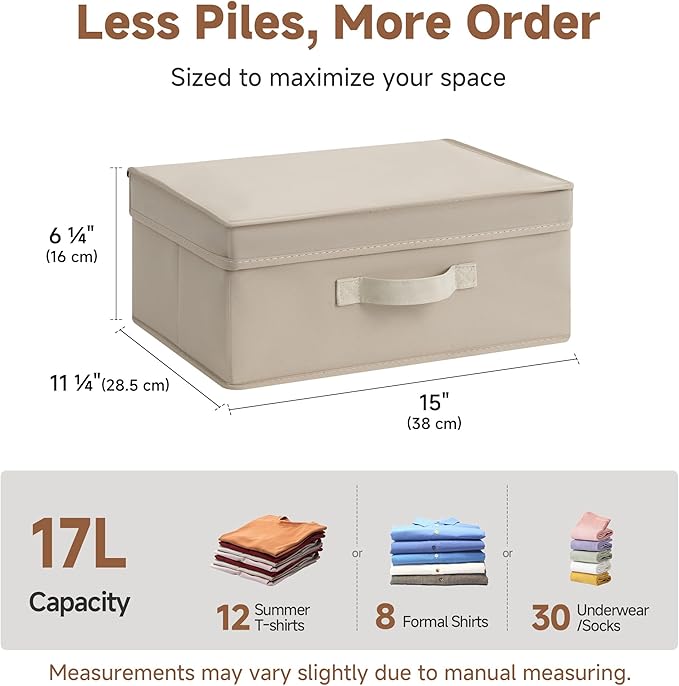 StorageWorks Small Storage Boxes with Lids, Stackable Fabric Storage Bins with Handles, Storage Baksets for Closet, Shelves, 15" x11¼x 6¼", Light Brown, 2-Pack