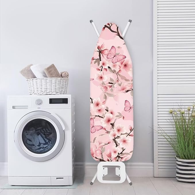 Cherry Blossoms Butterfly Stretchable Standard Ironing Board Cover with Elastic Edge Windproof Reflects Heat Iron Board Cover for 15 x 54 Ironing Boards Decor