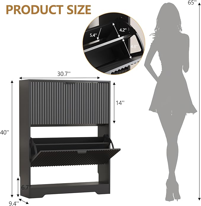 Shoe Cabinet Storage for Entryway with 2 Flip Drawers, Black Fluted Shoe Cabinet with Open Storage, Wooden Hidden Shoe Rack Freestanding Narrow Slim Shoes Organizer for Hallway, Entrance