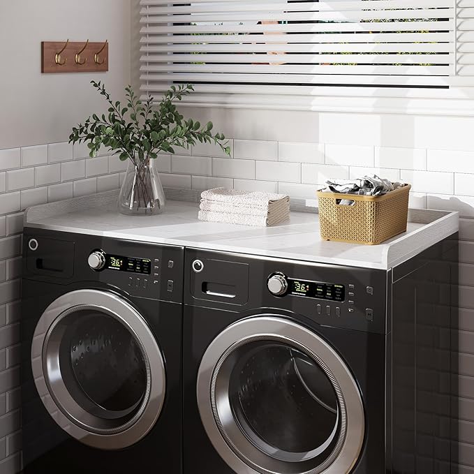 Washer Dryer Countertop, 27.5" x 54“ Wood Washer and Dryer Countertop with Edge Rails for Laundry Room Organization and Storage, White