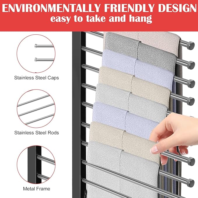 Pants Hangers Space Saving, 10-Tier Stainless Steel Closet Organizer, Plastic-Free, Collapsible Non-Slip Design Space Saving Hangers, Rotation for Legging Pant Rack, Storage and Organization