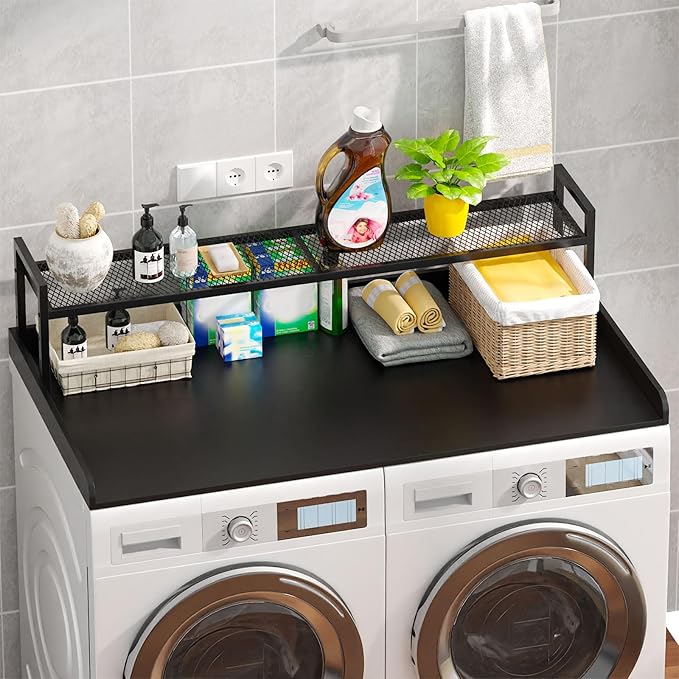 Washer Dryer Countertop with Shelf, 54" x 27.5" Wooden Washer and Dryer Topper, Laundry Countertop with Anti-Slip Pads, Washer Dryer Topper for Laundry Room Organization and Storage (Black)