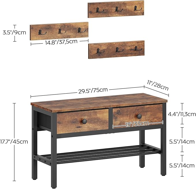 Hall Tree with Bench and Shoe Storage, Entryway Bench with Coat Rack, 4-in-1 Coat Rack Shoe Bench, Multifunctional, for Front Door, Hallway, Foyer, Rustic Brown and Black MT05BR