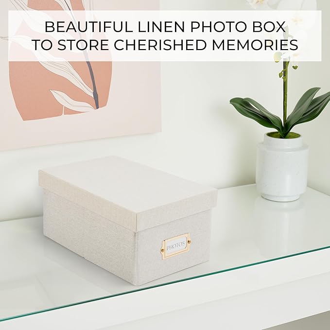 ZICOTO Decorative Photo Storage Box - Sturdy Linen Photo Organizer with Dividers is Perfect to Store Up to 850 Pictures and 4x6 Photos - Portable Scrapbook Storage Containers with Lid