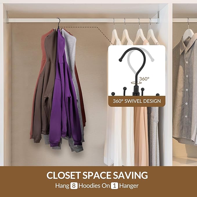 ZEDODIER Hoodie Hangers, Rotatable Hoodie Organzier for Closet, Max 8 Storage Capacity Hoodies Holder, Metal Space Saving Closet Organizers and Storage, Black