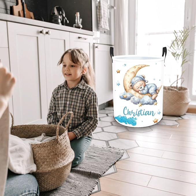 Personalized Baby Boys Laundry Basket for Nursery Bathroom Bedroom, Custom Bear Baby Laundry Hamper with Name and Handles, 2 Sizes Customize Baby Clothes Hamper for Girls Adults