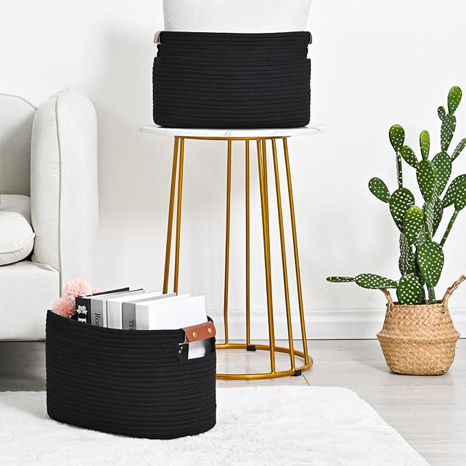 Cotton Rope Basket, Storage Baskets with Handle, 15x10x9 Inch Woven Basket for Shelves, Laundry, Towels, Clothes, Books (Black 1Pack)