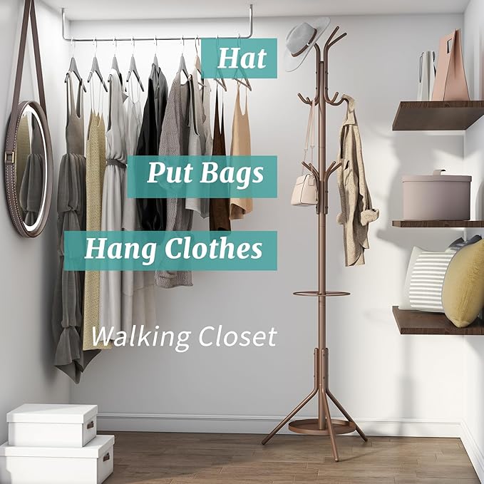 Coat Rack, Coat Rack Freestanding with Umbrella Holder, Adjustable Height Shelf with 12 Hooks, Used In The Bedroom, Living Room, Office To Hang Clothes, Hats, Bags