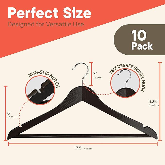 Brown Wooden Hangers 10 Pack – Heavy-Duty with 360° Swivel Hook, Non-Slip, Pants Bar & Shoulder Grooves - Wooden Hangers for Suits, Jackets, Dresses & Camisoles, Space-Saving and Smooth Finish