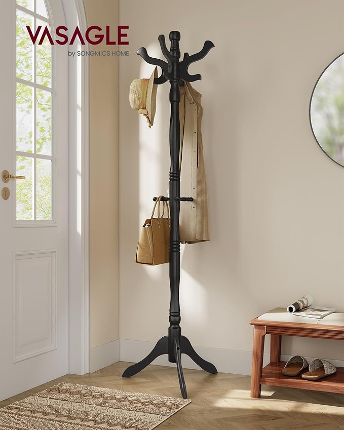 VASAGLE Coat Stand, Solid Wood Freestanding Coat Rack with 11 Hooks, Hall Tree for Bags, Purses, Hats, for Entryway, Hallway, Rubberwood, Ink Black URCR005B01