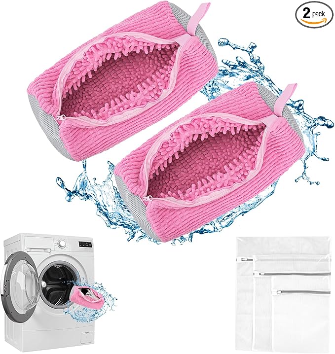 Shoe Washing Machine Bag - Shoe Laundry Bag for Washer and Dryer, Reusable 2 Pack, 360° Deep Cleaning, Self-Locking Zipper, Fits All Sneakers & Tennis Shoes - Pink