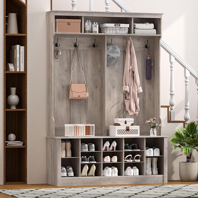 Hall Tree with Bench and Shoe Storage, 53" Farmhouse 4-in-1 Mudroom Storage Organizer with Coat Rack, 6 Hooks, 12 Shoe Cubbies, Adjustable Shelf, for Entryway, Hallway, Living Room, Grey