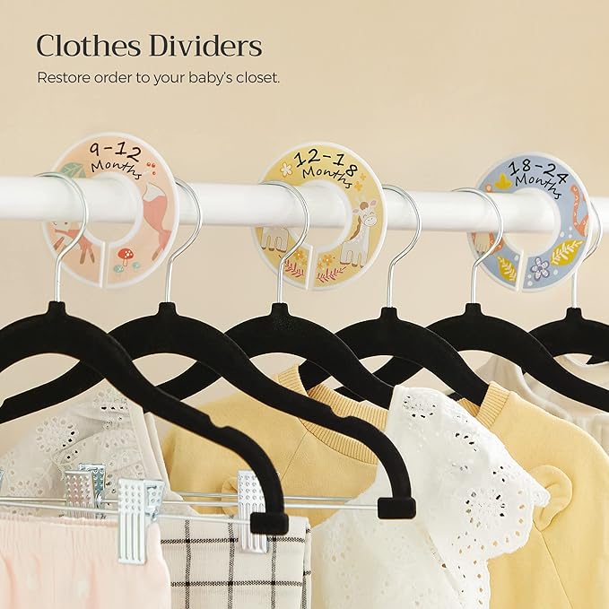 SONGMICS 30 Packs Baby Pants Hangers with Clips, Kids Hangers with 6 Clothes Dividers, Non-Slip Children’s Clothes Hanger, Black UCRF013B30