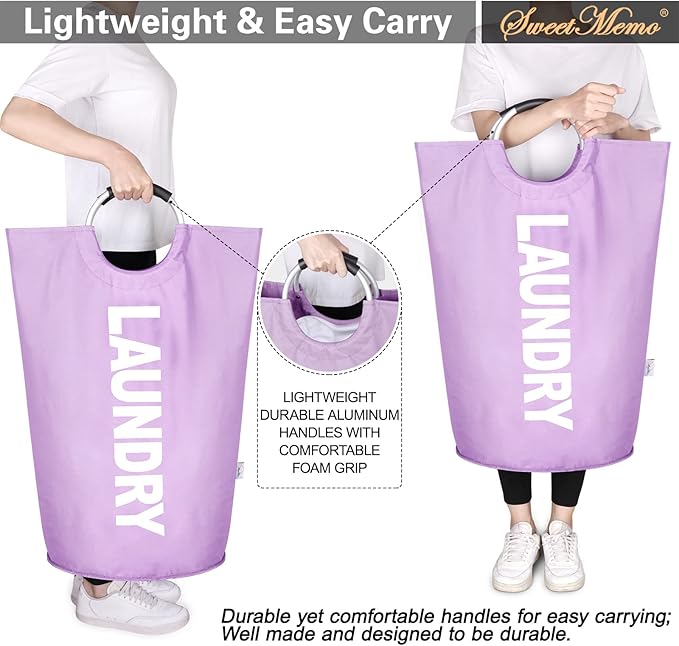 Large Laundry Basket Collapsible，Freestanding Clothes Hamper Bag with Handles – Tall Folding Dirty Laundry Bin，Sturdy Laundry Sorter for College Dorm，Laundry Room – 130L (Purple)