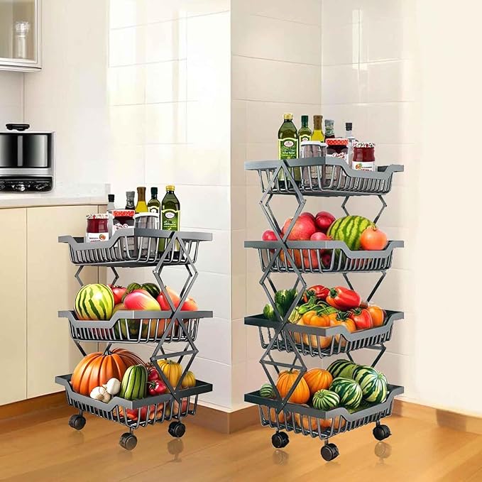 Rolling Utility Cart, Foldable Metal Shelf Organizer with Locking Wheels, Multi-Purpose Storage Rack for Kitchen, Office, Laundry, 14.17" L x 10.71" W x 29.5" H Black 4 Tiers