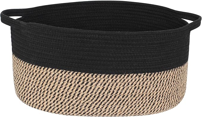 Woven Basket for Storage, 17"x12"x8" Black Cotton Rope Spliced Jute Wicker Basket for Toy, Book, Towel, Cloth, Shoe, Decorative Wicker Storage Bin for Shelves, Closet, Bathroom, Living Room