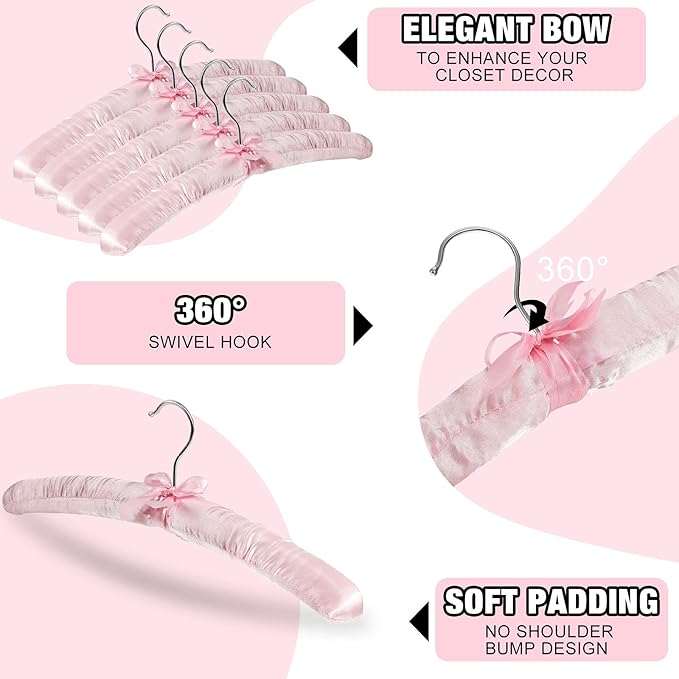 Jetec 24 Pieces Satin Padded Hangers with 360° Swiveling Hook Sponge Shoulder Pads Hanger for Coat, Sweaters, Blouse, Wedding Dress, Women Cloths (Light Pink)