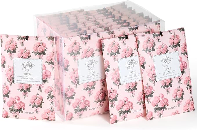 MYARO 20 Pack Rose Scented Sachets for Drawer, Closet & Car - Fresh Air Freshener Bags Home Fragrance, Odor Eliminator for New House Small Storage Space & Travel Luggage
