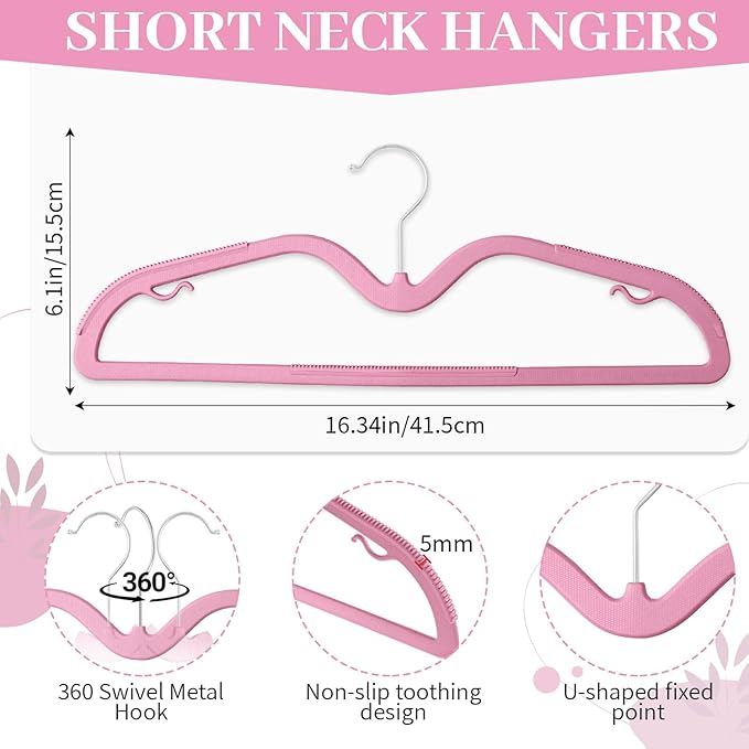 LemonRoad 50 Pcs Upgraded Plastic Short Neck Hangers, Anti-Slip Space Saving Hangers with 360 Swivel Hooks for Clothes, Smooth, Not Velvet (Rose Pink)