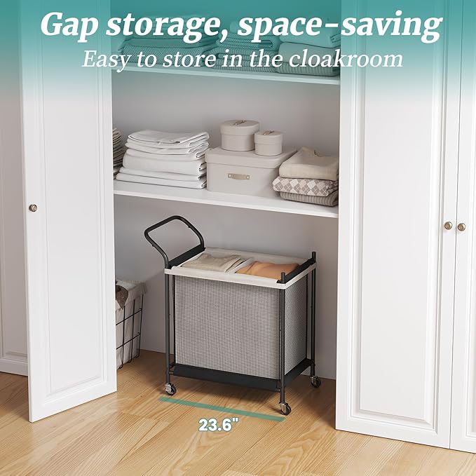 Laundry Hamper with Wheels - 2 Section Laundry Basket 120L, Removable Washable Bags, Height-Fitted Rolling Laundry Cart for Laundry Room & Bedroom