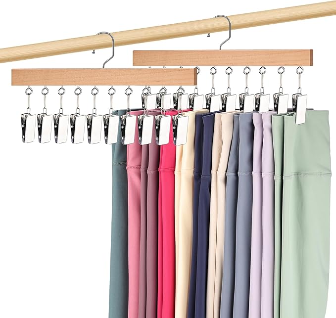 2 Pack Legging Hangers for Closet, Wooden Legging Hanger for Closet Organizer with 20 Upgraded Clips Holds 20 Leggings, 360° Rotatable Space Saving Yoga Pants Hanger for Socks, Shorts, Natural