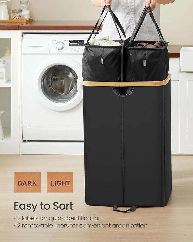 SONGMICS Laundry Hamper with Lids, Laundry Basket with 2 Compartments, 39 Gal. (150 L), Removable Liner Bag, for Laundry Room, Bedroom, Living Room, Ink Black and Light Bamboo ULCB523B01