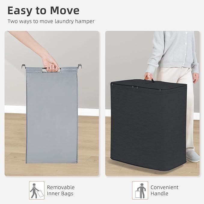 STORAGE MANIAC Double Laundry Hamper, 136L Laundry Sorter with Lid and Removable Bags, Clothes Hamper, Large 2 Section Clothes Basket with Handles for Small Space, Dorm, Closet, Bathroom, Black