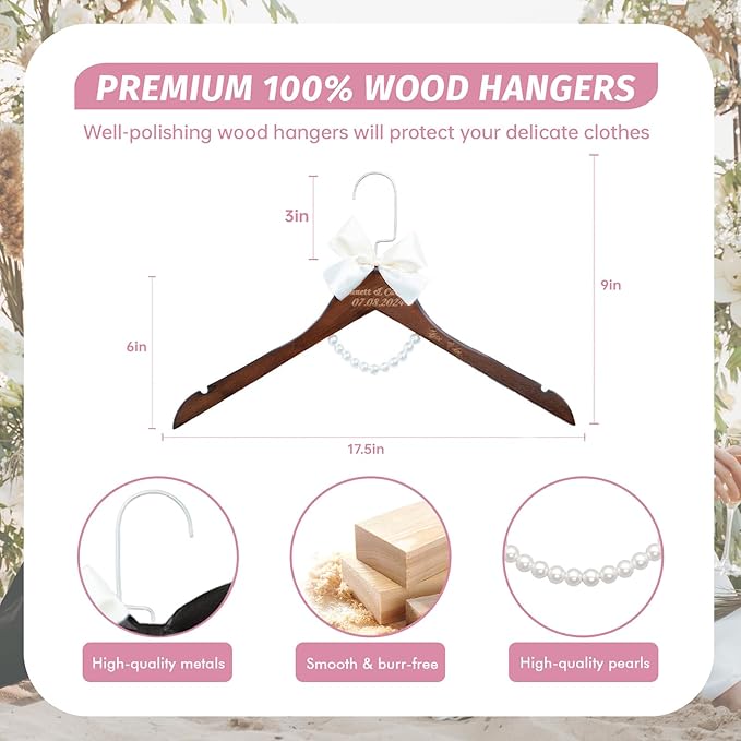 2 Pcs Personalized Wedding Hanger for Bride and Groom, Wooden Bride Hanger, Custom Mr and Mrs Hangers with Bow Tie for Tuxedo, Bridal Party Shower, Wedding Gift