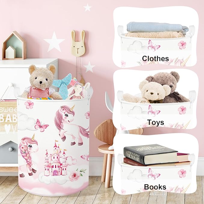 Clastyle Cute Unicorn Laundry Basket Cloud Kids Clothes Book Storage Basket Gift Toy Box for Bedroom Decor,Princess,40x30x30 cm