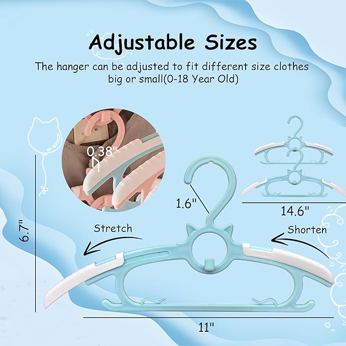 40pcs Baby Nursery Closet Hangers,Toddler Hanger Extendable and Non-Slip for Infant Kids Clothes,11"-14.6" Adjustable Child Coat Pant Hanger for Boy and Girl (Blue)