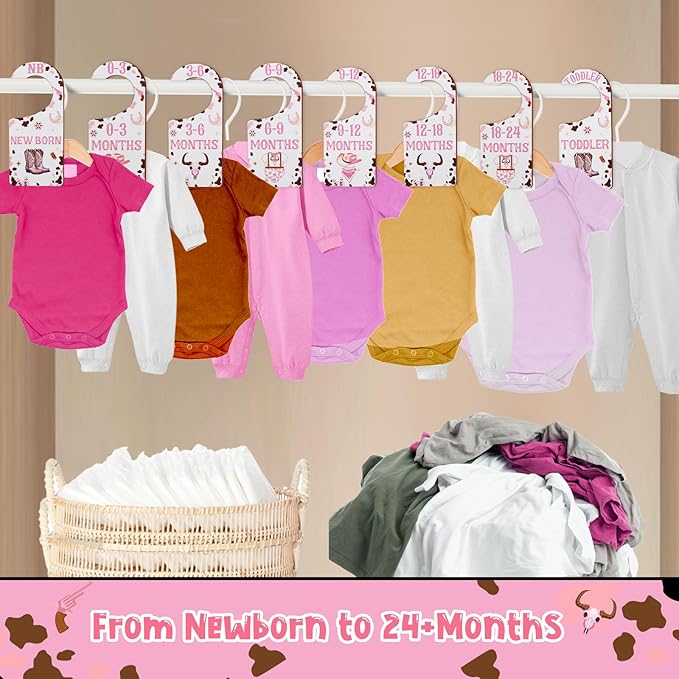 Baby Closet Dividers 8PCS, Western Cowgirl/Wild West Rodeo Themed Wooden Double-Sided Clothes Size Hanger Organizer from Newborn to Toddler for Nursery Decor Baby Shower Birthday Gift Pink
