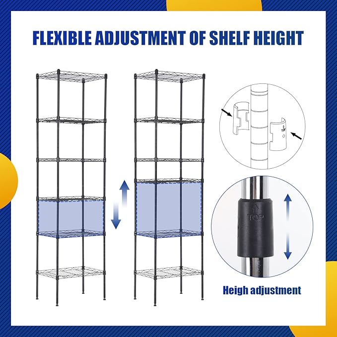 5-Tier Storage Shelves, Wire Metal Shelving Unit with Adjustable Shelves, 750 lbs Capacity, Heavy Duty Storage Rack for Kitchen, Pantry, Garage, Bathroom, Office Organization, 16.7" L×11.8" W×47.6" H