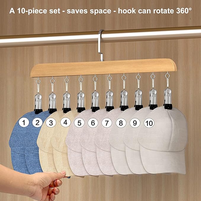Hats Hangers with 10 Clips,Space Saving Cap Organizer for Closet,Wooden Legging Hangers 3 Pack,360° Rotating Hanging Closet Organizer for Pants, Skirts and Socks Storage (Set of 3,Vintage)